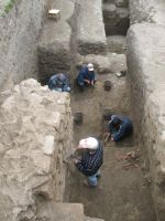 Chronicle of the Archaeological Excavations in Romania, 2008 Campaign. Report no. 34, Hârşova, Tell<br /><a href='http://foto.cimec.ro/cronica/2008/034/foto-9-o-parte-din-echipa-pe-zidurile-din-estul-sectiunii.jpg' target=_blank>Display the same picture in a new window</a>